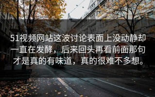 51视频网站这波讨论表面上没动静却一直在发酵，后来回头再看前面那句才是真的有味道，真的很难不多想。